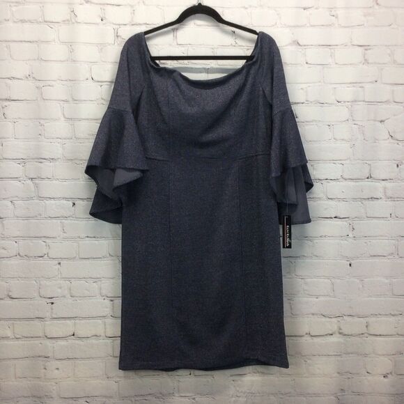 R&M Richards Party Dress Womens Size 14 Navy/Silver Metallic Cruise Bell Sleeve - Picture 10 of 10